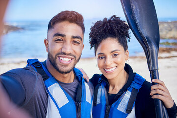 Wall Mural - Selfie, kayak and couple with a smile, beach and summer vacation with memory, post and social media. Portrait, people and man with woman, water sports and picture with ocean, training and holiday