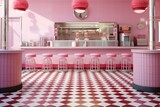 Fototapeta Las - Traditional 3D ice cream shop featuring a checkered floor and pink stools. Generative AI