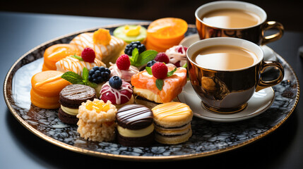  two cup of tea and cakes on a plate, colourful tea party. 