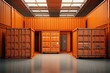 3D rendering of shipping containers, including one orange container with both open and closed doors. Generative AI