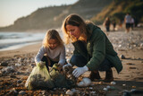 Fototapeta Miasta - Empowering Environmental Action: Parent and Child Clean Beach Together