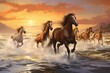 Horses galloping across ocean shore. Generative AI