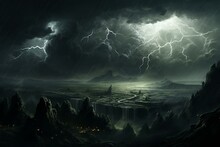 An Ominous, Electrified Thunderstorm Brewing Over A Dystopian Landscape. Generative AI