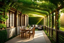 Along A Rustic Trellis, Grapevines Weave An Intricate Canopy Of Green Leaves And Tendrils, Providing Shade To A Cozy Outdoor Seating Area. The Dappled Sunlight Filters Through The Foliage
