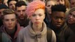 The concept of Among the crowd, beyond labels. A young, pink-haired, non-binary person who stands out among the diverse crowd.