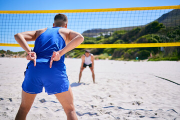 Poster - Volleyball, exercise and man at beach with hand sign to block angle of attack. Sports, back and gesture of athlete outdoor in workout, training or competition for healthy body, wellness and summer