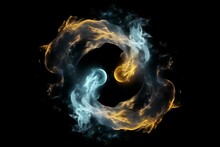 Frozen twin flames in yin yang formation, hovering in space, all on black background. Generative AI