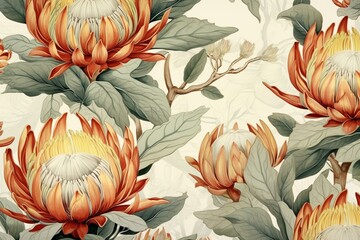 Wall Mural - Vintage tropical print with protea flowers, golden leaves on light background. Exotic motif. Generative AI