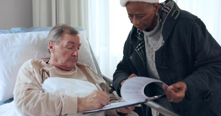 Poster - Signature, documents and life insurance with old man in hospital for will, planning and retirement. Paperwork, healthcare and medical with senior patient in bed of clinic for testament and agreement