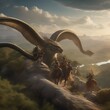 A group of adventurers riding giant, feathered serpents across a vast, untamed landscape3
