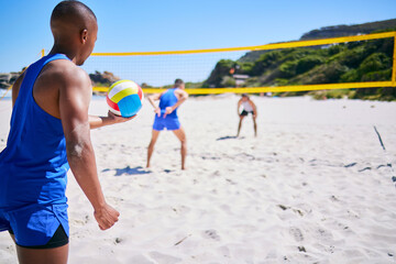 Poster - Beach, volleyball or sports team serve ball, playing competition and exercise for group tournament, fitness or game. Nature, sand or back of player workout, training and practice for athlete teamwork