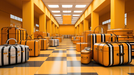 Wall Mural - A long orange hallway with many suitcases, AI