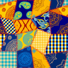 Fototapete - Textile patchwork pattern with blue and yellow colors. Vector image
