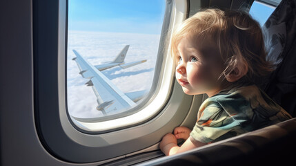 Generative AI, cute child boy or girl looking out the window of an airplane, flying with children on air transport, a young pilot, a little passenger, big eyes, a dreamer, a beautiful view