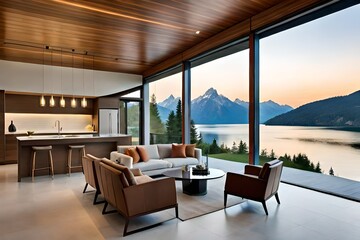 A three-story beautiful modern house emerges like a work of art against the backdrop of a pristine lake and majestic mountains. Its innovative architecture melds glass, concrete, and wood