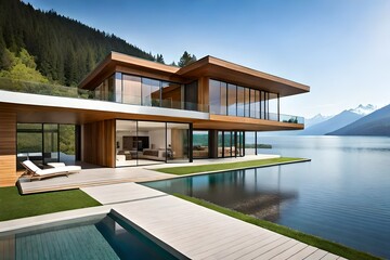 A three-story beautiful modern house emerges like a work of art against the backdrop of a pristine lake and majestic mountains. Its innovative architecture melds glass, concrete, and wood