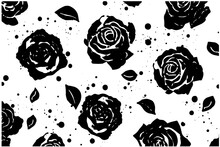 Seamless Floral Vector Pattern With Roses. Hand Drawn Black Paint Vector Illustration With Abstract Floral Motif.