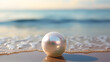 Close-up of a gleaming pearl against the backdrop of the ocean