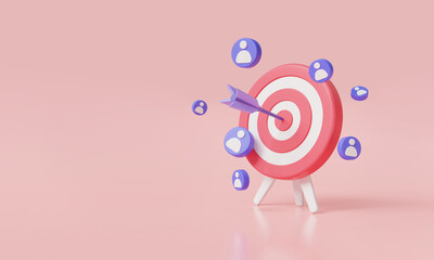 Dart arrow hitting target center with attracting people. Target customer, target market, Attracting followers, Marketing Business goal, Target focus, Customer attraction. 3d icon render illustration