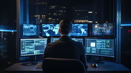 Rear view of an IT specialist programmer sitting in front of a computer screen in a data center. Ai design