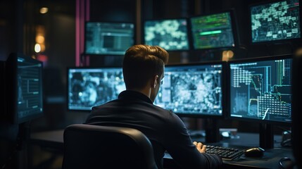 Rear view of an IT specialist programmer sitting in front of a computer screen in a data center. Ai design