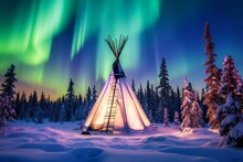 A Glowing Teepee In A Snow-covered Forest With Aurora Borealis Above, Situated In Yellowknife, Northwest Territories, Canada. Generative AI