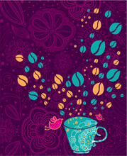 A Colorful Cup Is Filled With Coffee Beans With Birds And Flowers On The Background, In The Style Of Dark Purple And Green