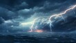 Lightning in sea. A strong storm in the ocean. Big waves. Raster Concept Art Scenery. Book Illustration. Video Game Scene. Serious Digital Painting. CG Artwork Background. Generative AI.
