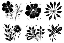 Set Of Lino Cut Grunge Flower Ink Stamp. Pack Of Contemprorary Texture Elements. Vector Illustration.