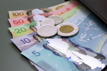 Wall Mural - Canadian money, Currency of Canada. Stack of cash Canadian dollars on dark background.