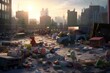 A digitally rendered scene showing a vacant lot filled with discarded toys and debris, set against a backdrop of a cityscape. Generative AI