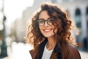 Attractive young brunette woman in eyeglasses smiling on the street