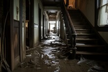 A Battered Home, Deteriorated By Water Damage From Neglect Or Storm. The Hallway And Room Are In A Disastrous Condition. Generative AI
