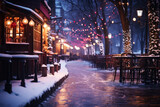 Fototapeta Uliczki - Night city winter snowy street decorated with luminous garlands and lanterns for christmas, urban preparations for new year