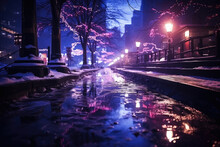Night City Street With Snow And Puddles, Streetlight, Urban Illumination