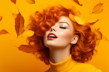 Generative AI picture of attractive redhead woman model symbolizing autumn season over background