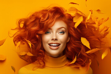 Poster - Generative AI picture of attractive redhead woman model symbolizing autumn season over background