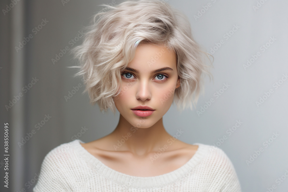 Generative AI picture portrait of young beautiful woman with short ...