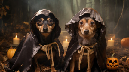 Wall Mural - Two dogs in Halloween costumes on a spooky background
