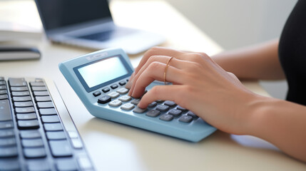 Canvas Print - Woman does calculations on a calculator.