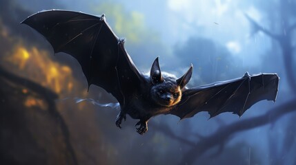 Canvas Print - A bat flying through the air in a forest, AI