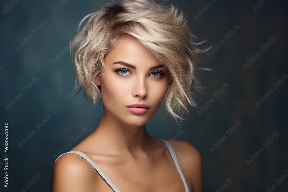 Generative AI picture portrait of young beautiful woman with short ...