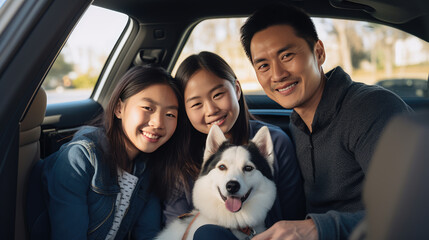 Sticker - Portrait of a happy family in the car with their dog