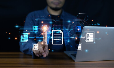 Documents management information system concept, Businessman using visual screen internet for Documents management information system and ERP program data directory in company, ERP document management