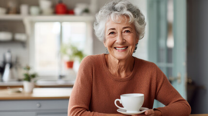 Wall Mural - Beautiful woman smiling with a cup of coffee in the kitchen of her home