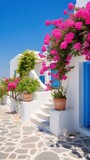 Fototapeta Do przedpokoju - Professional Shot of a Mediterranea House in Greece. Amazing Magenta Flowers creating this shot Captivating. 