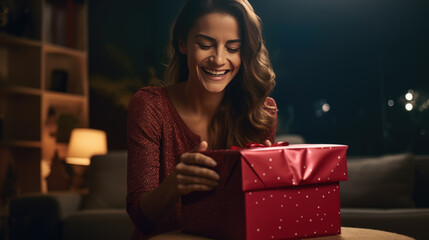 Wall Mural - A joyful woman opens her birthday present