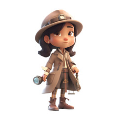 Canvas Print - Cartoon detective girl with binoculars isolated on a white background