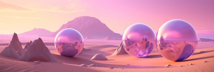 Artistic concept Prairie landscape of Desert with transparent shiny sphere orbit. surrealism pink sky sunset, simultaneously aesthetic. Long horizontal banner. Generative AI. 