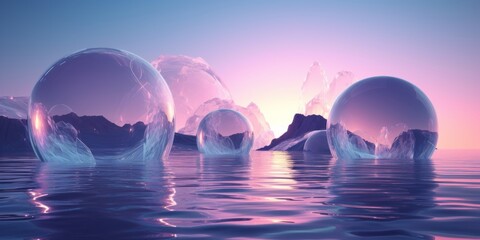 Surreal landscape. sea with floating transparent glass soap bubble spheres on surface water. surrealism, simultaneously an aesthetic. Long horizontal banner. Generative AI. Blue and pink pastel colors